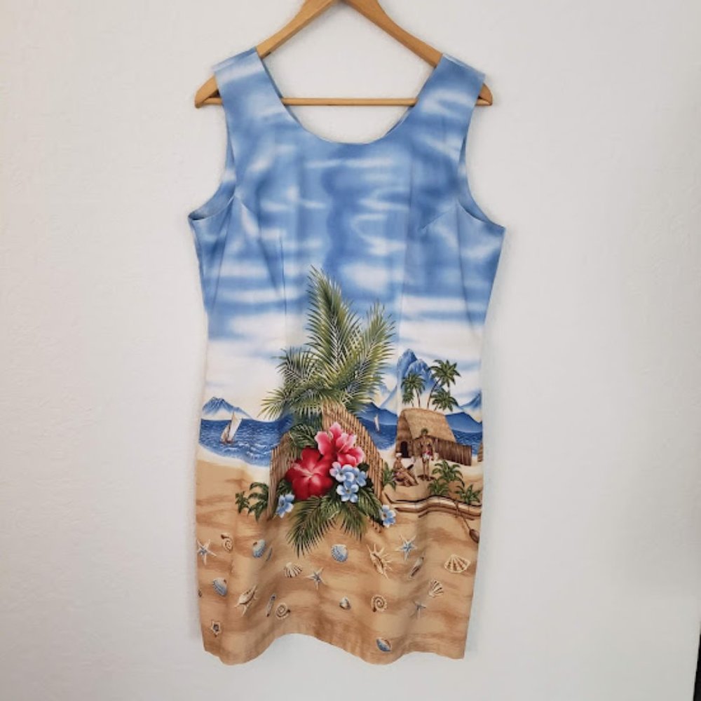 Ky's Beach Scene Hawaiian Floral Print Sleeveless Dress